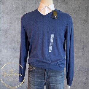 PIOMBO Mens Sweater XXL Extra Fine 100% Merino Wool V Neck Sweater Navy Blue